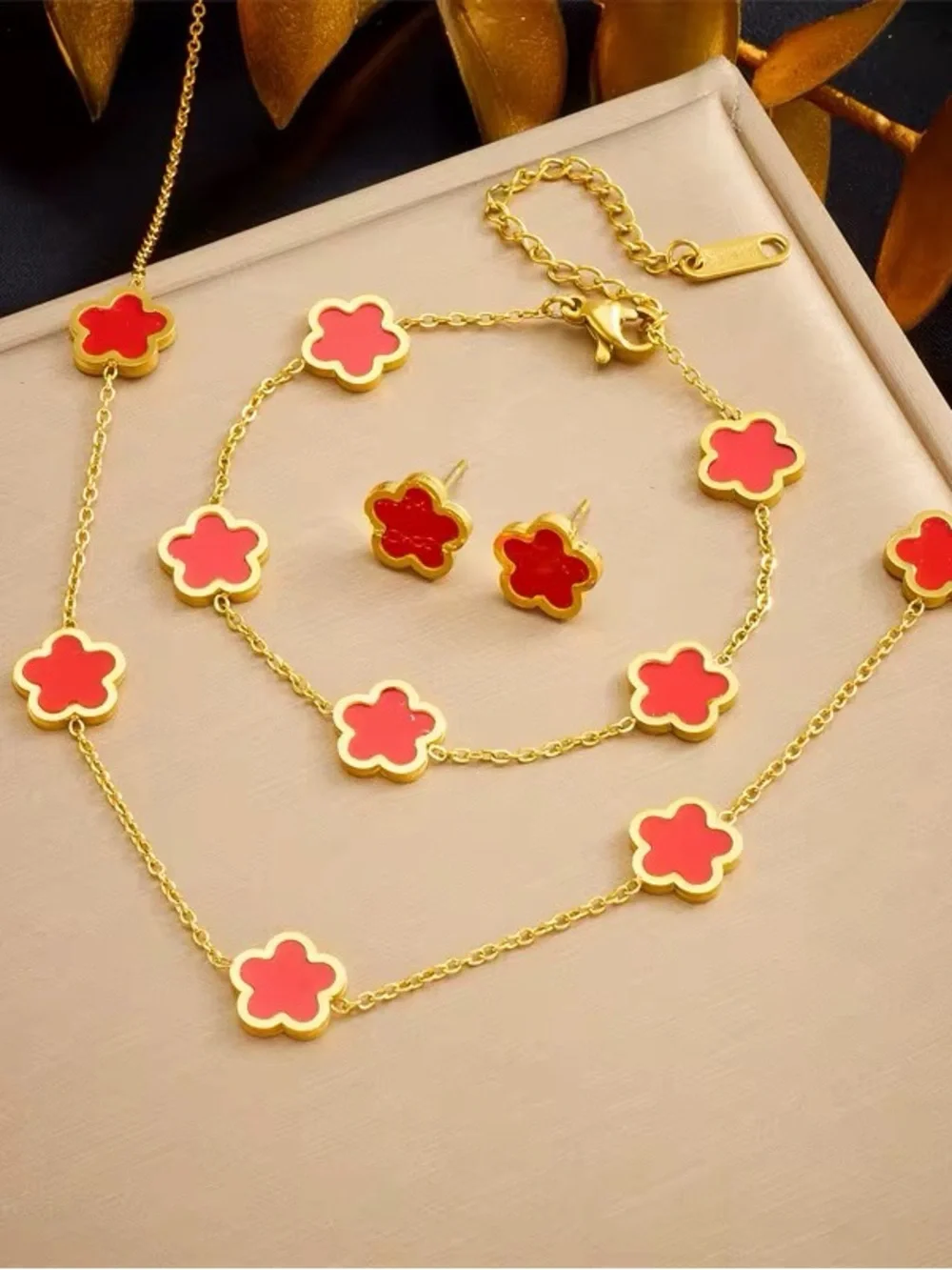 Gold-Tone Red Flower Necklace, Bracelet & Stud Earrings Set